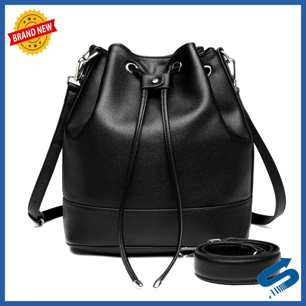 Vegan Leather Bucket Bag Drawstring Closure Hobo Tote Crossbody Shoulder Straps